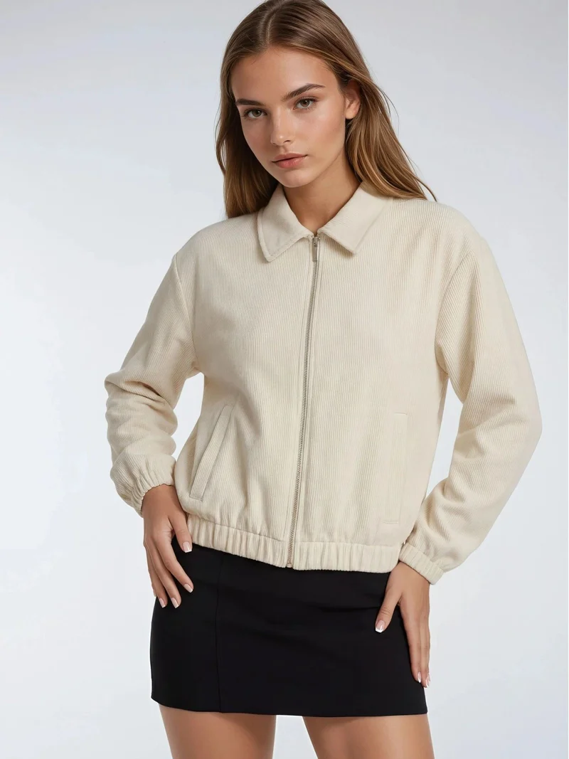 MixRay Stone Natural MIXRAY Relaxed Fit Zipper Jacket with Pockets for Women | Best Price UAE